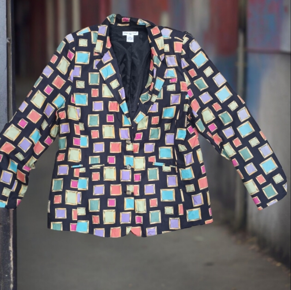 100% Silk Blazer Picture Frame Colorblock 90s Vibe Jacket Women's Size 12 - Picture 4 of 4